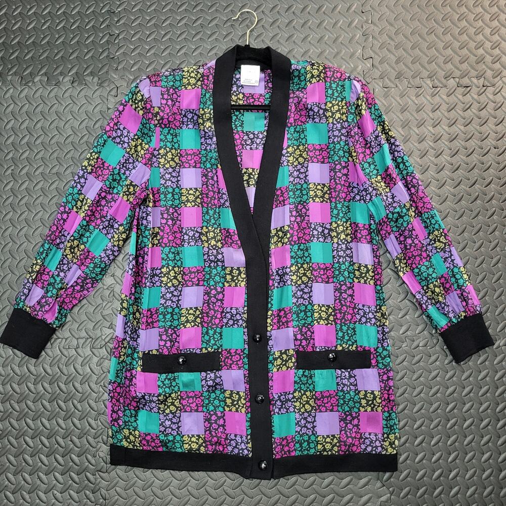 Vintage Starington 100% Silk Cardigan Women's 16 Floral Plaid Colorblock 80s